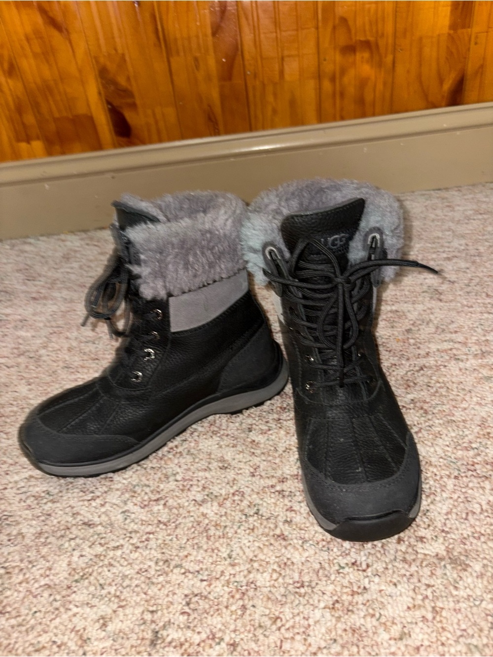 UGG Women's Black Winter Lace-Up Boots with Gray Fleece Collar